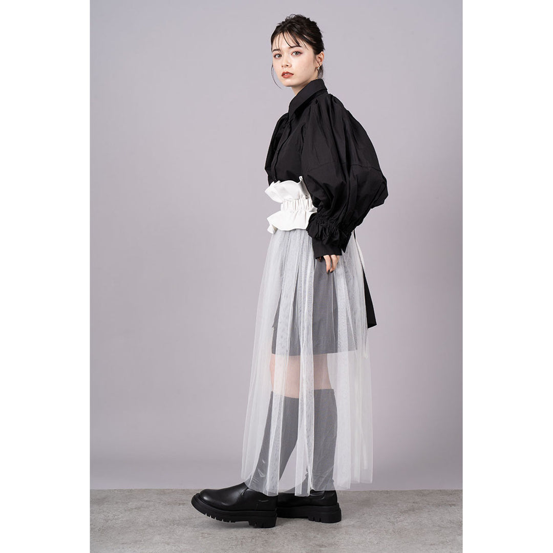 Tuck Sleeve Long Shirt & Tulle Belt