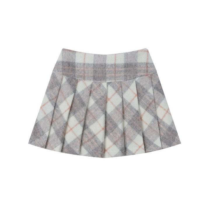 Belt design pleated check short skirt