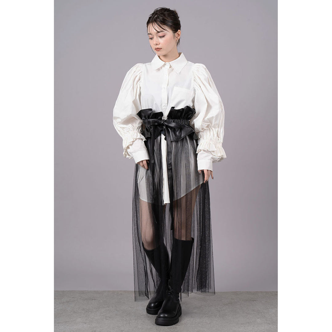 Tuck Sleeve Long Shirt & Tulle Belt