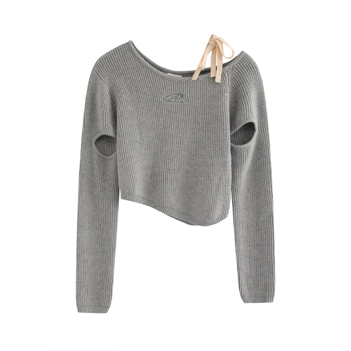 One shoulder ribbon strap long sleeve sweater