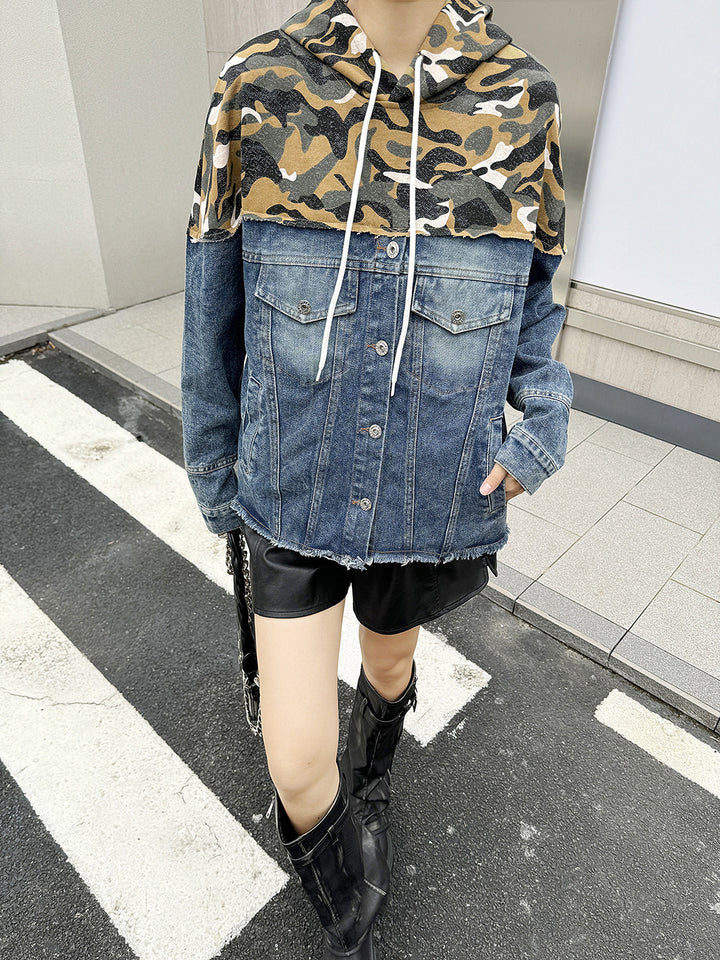 Wash denim patchwork comouflage hoodie jacket