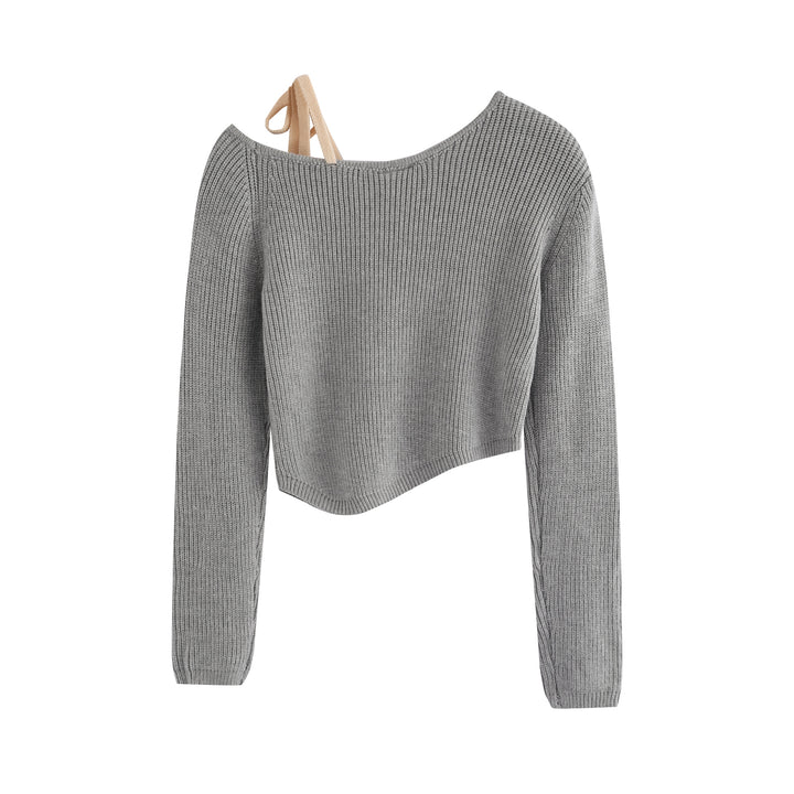 One shoulder ribbon strap long sleeve sweater