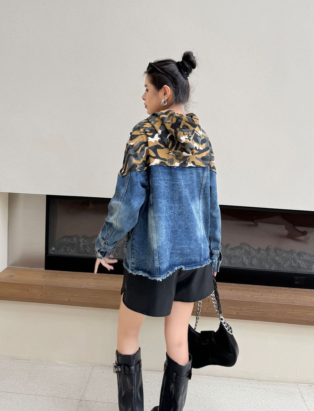 Wash denim patchwork comouflage hoodie jacket