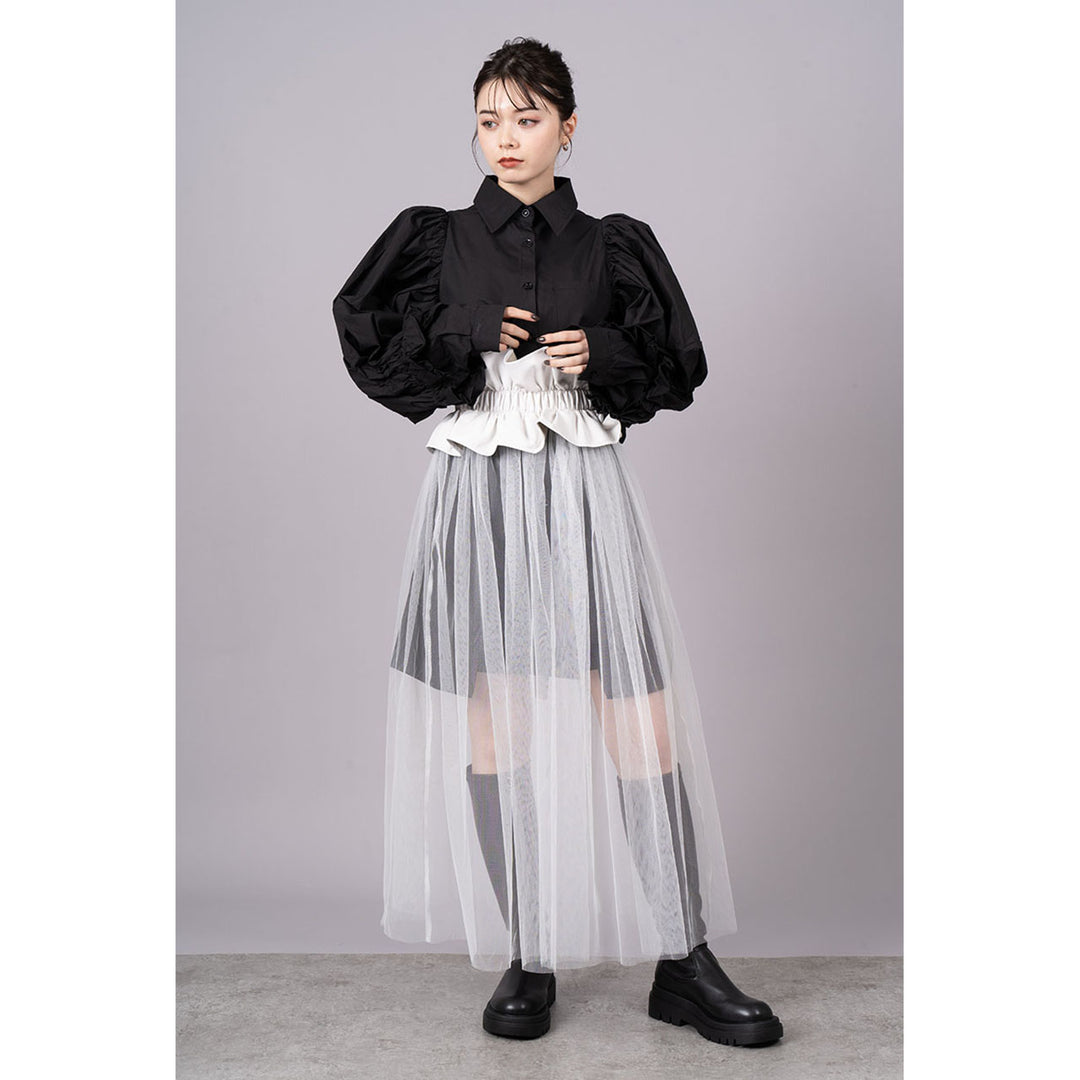 Tuck Sleeve Long Shirt & Tulle Belt