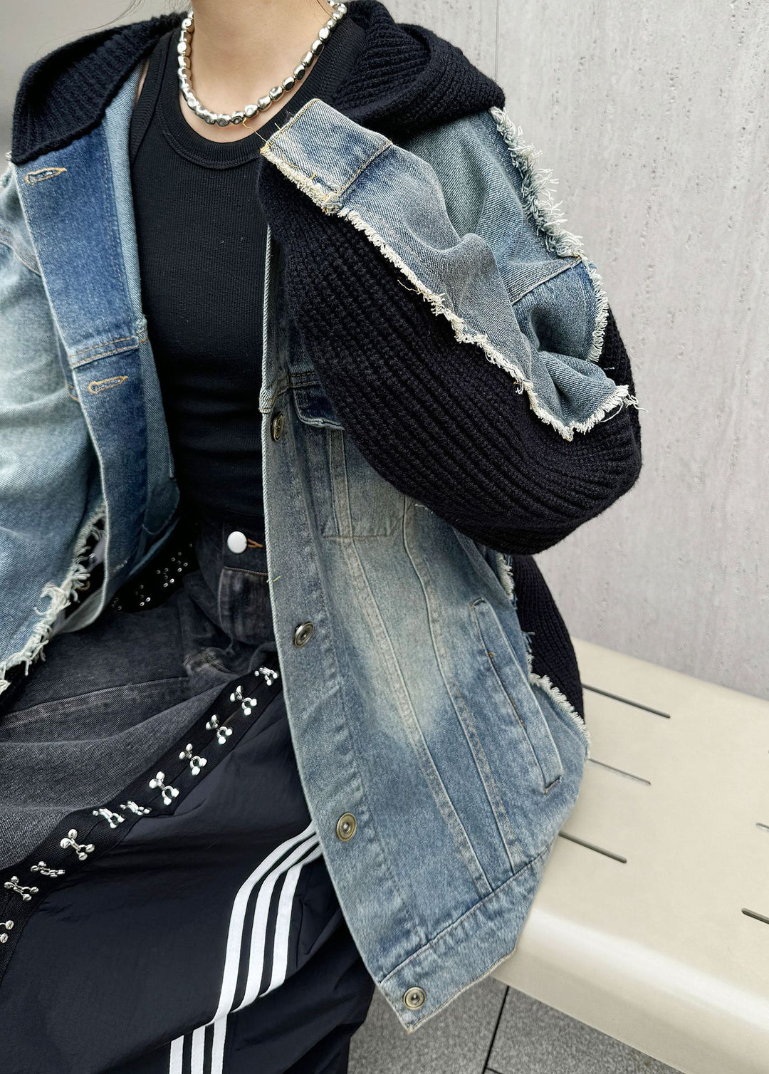 Wash denim patchwork hooded sweater jacket