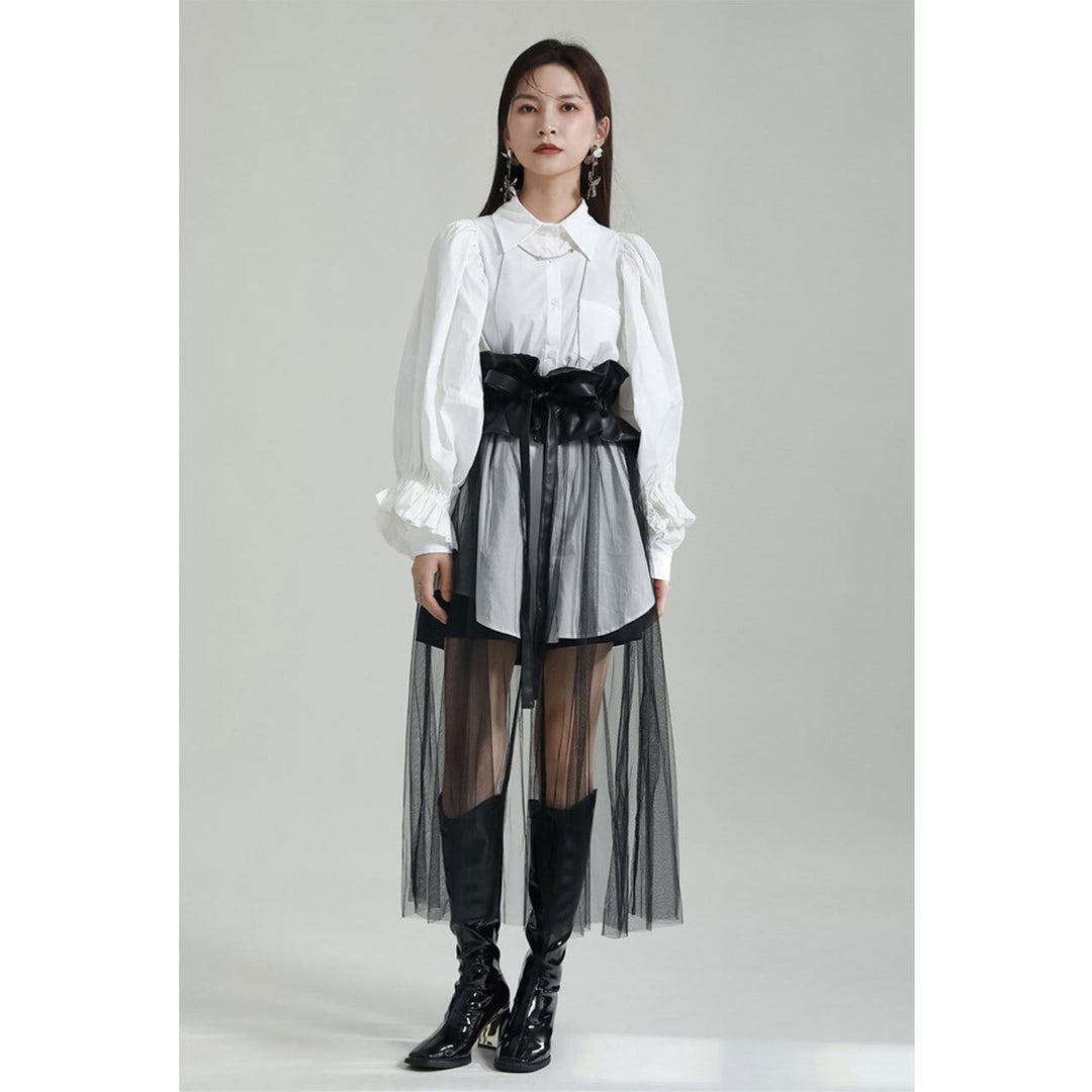 Tuck Sleeve Long Shirt & Tulle Belt