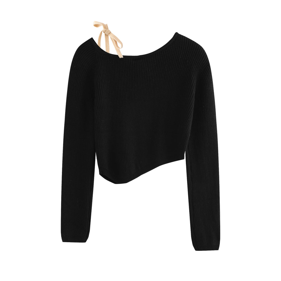 One shoulder ribbon strap long sleeve sweater