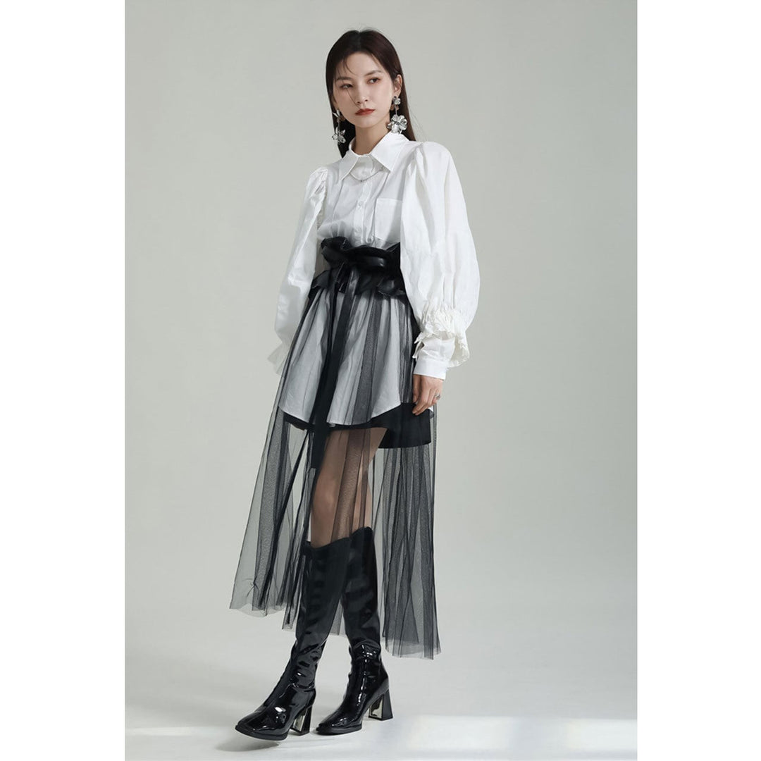 Tuck Sleeve Long Shirt & Tulle Belt