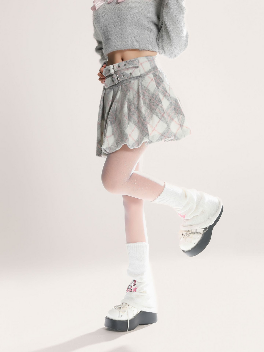 Belt design pleated check short skirt