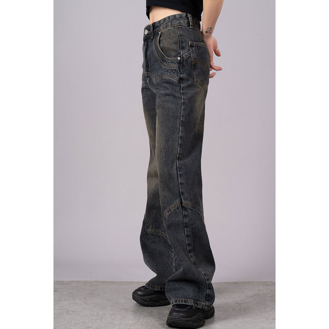 Design Switching Semi Flare Denim Jeans