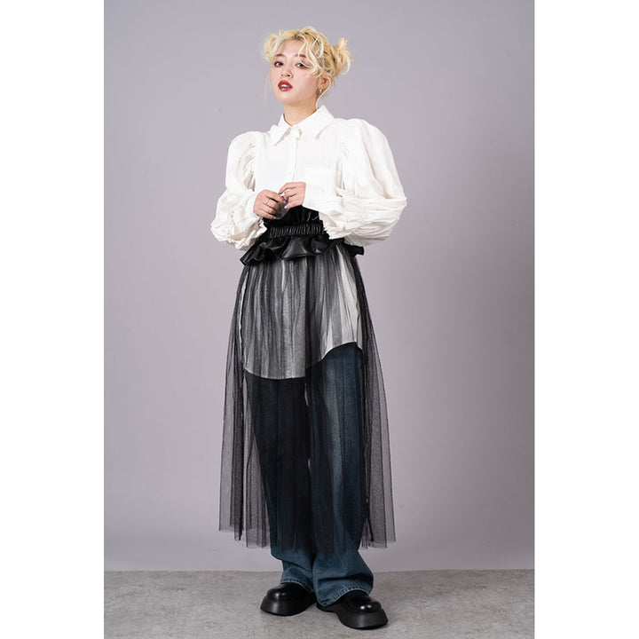 Tuck Sleeve Long Shirt & Tulle Belt