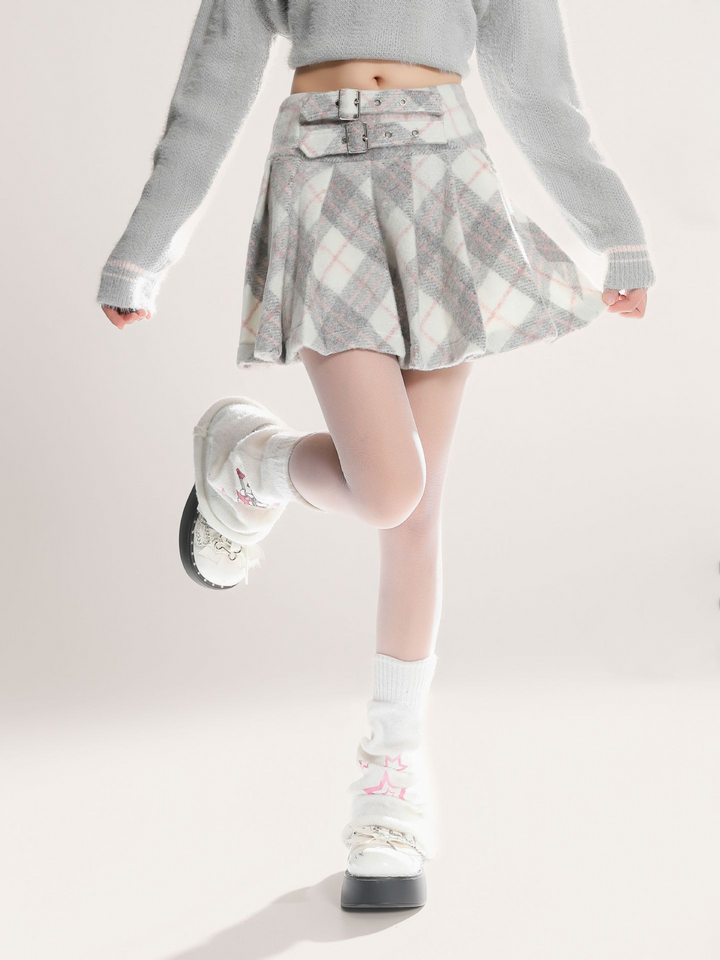 Belt design pleated check short skirt