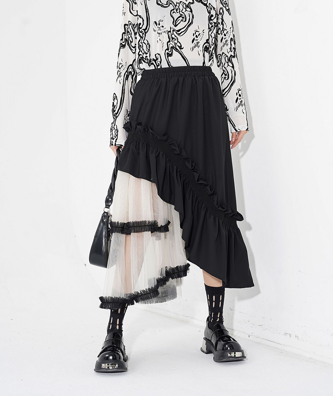 Asymmetry fill tiered midi skirt