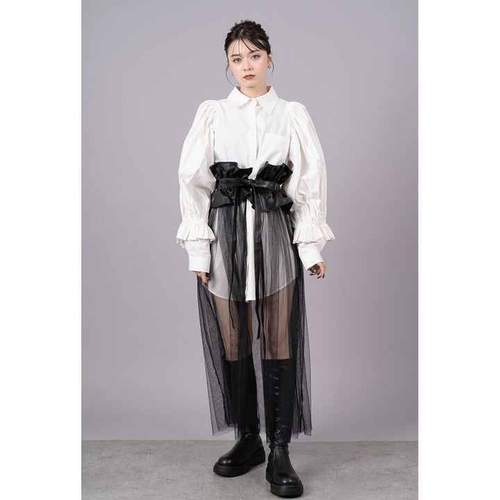 Tuck Sleeve Long Shirt & Tulle Belt