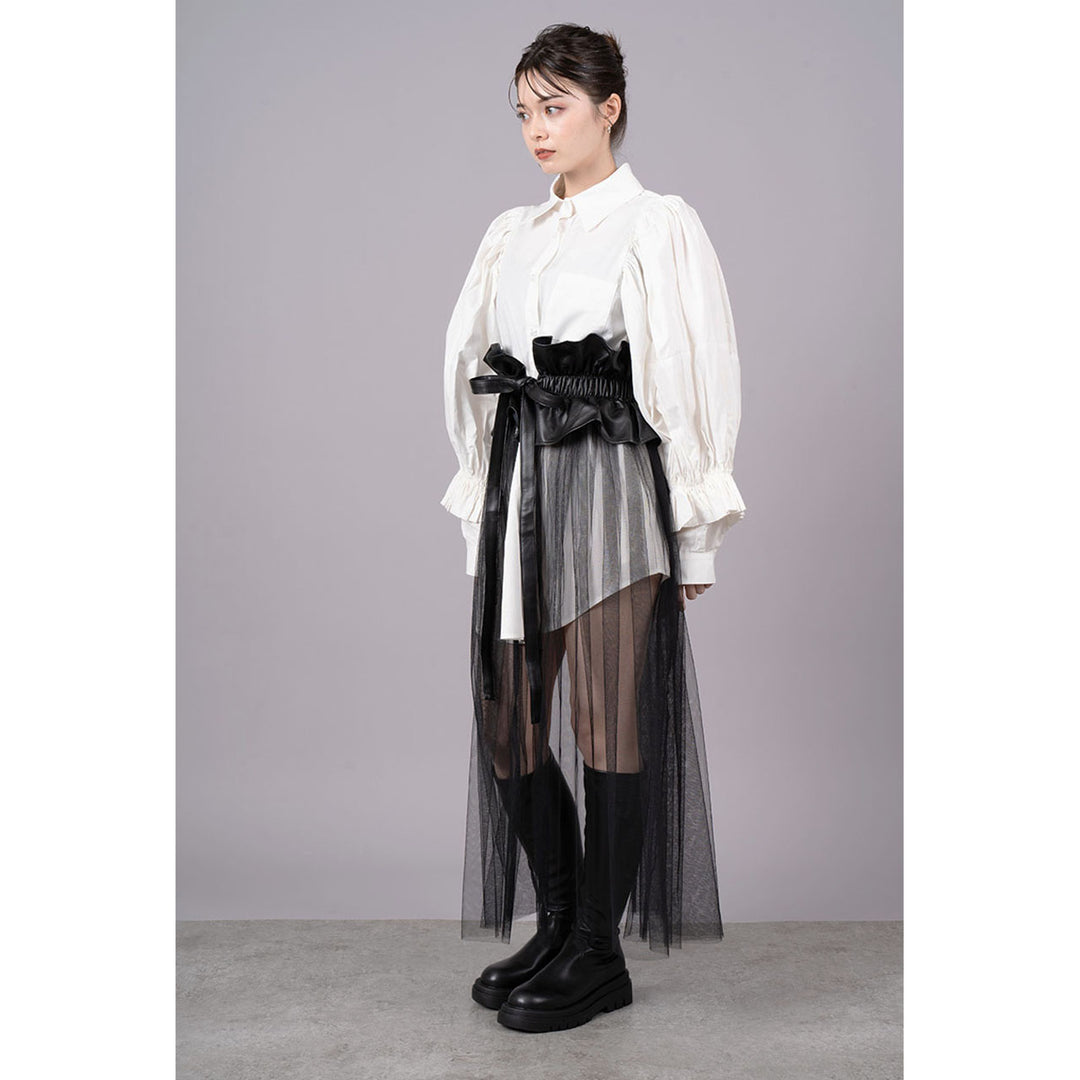 Tuck Sleeve Long Shirt & Tulle Belt