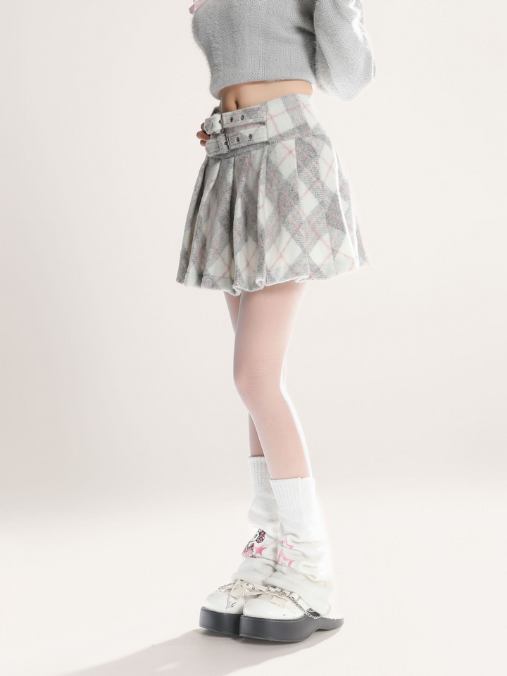 Belt design pleated check short skirt