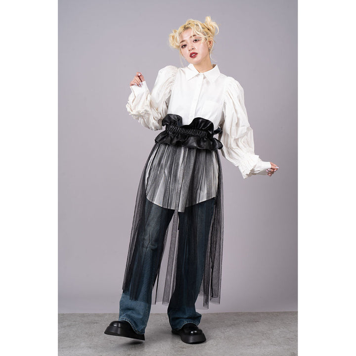 Tuck Sleeve Long Shirt & Tulle Belt