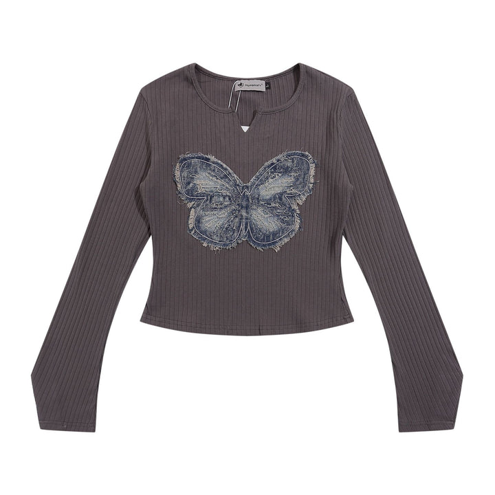 Butterfly patch embroidery small V-neck long T