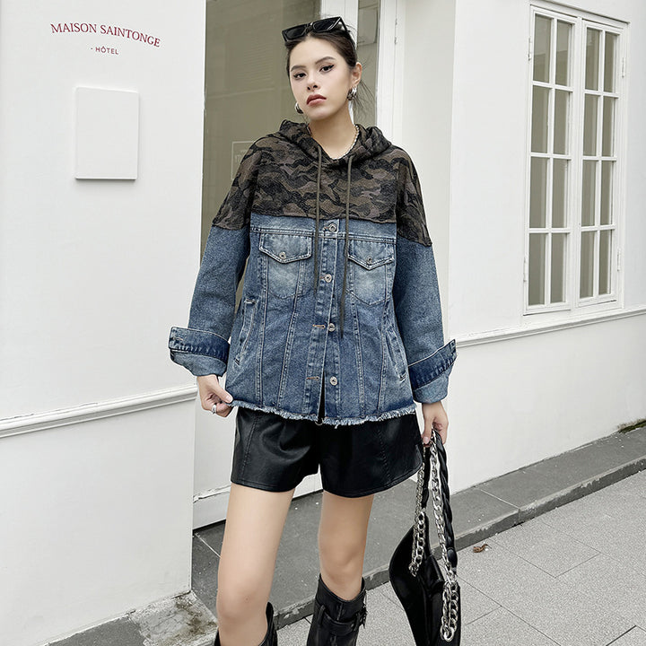 Wash denim patchwork comouflage hoodie jacket