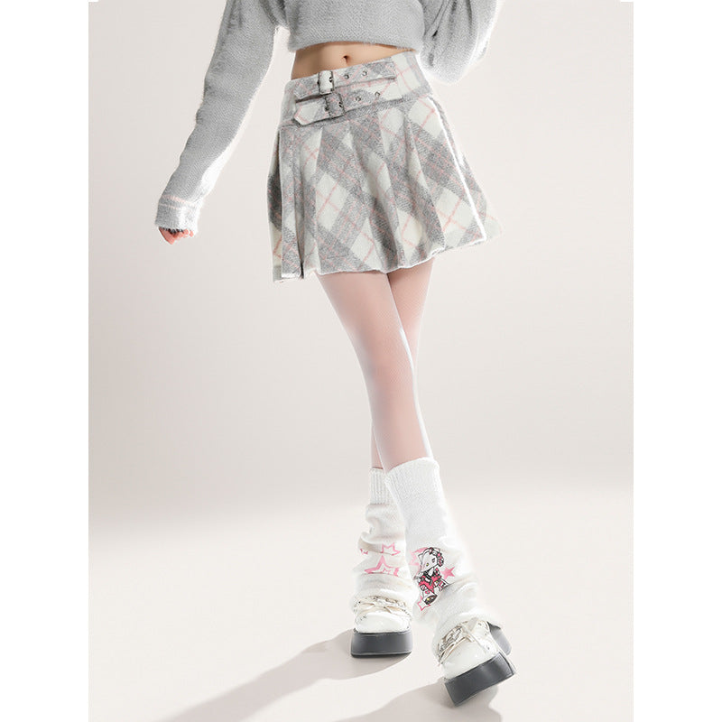 Belt design pleated check short skirt