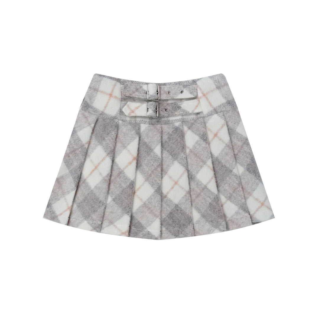 Belt design pleated check short skirt