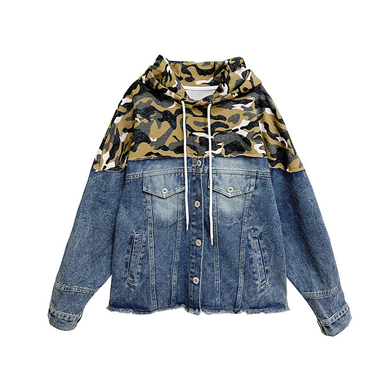 Wash denim patchwork comouflage hoodie jacket