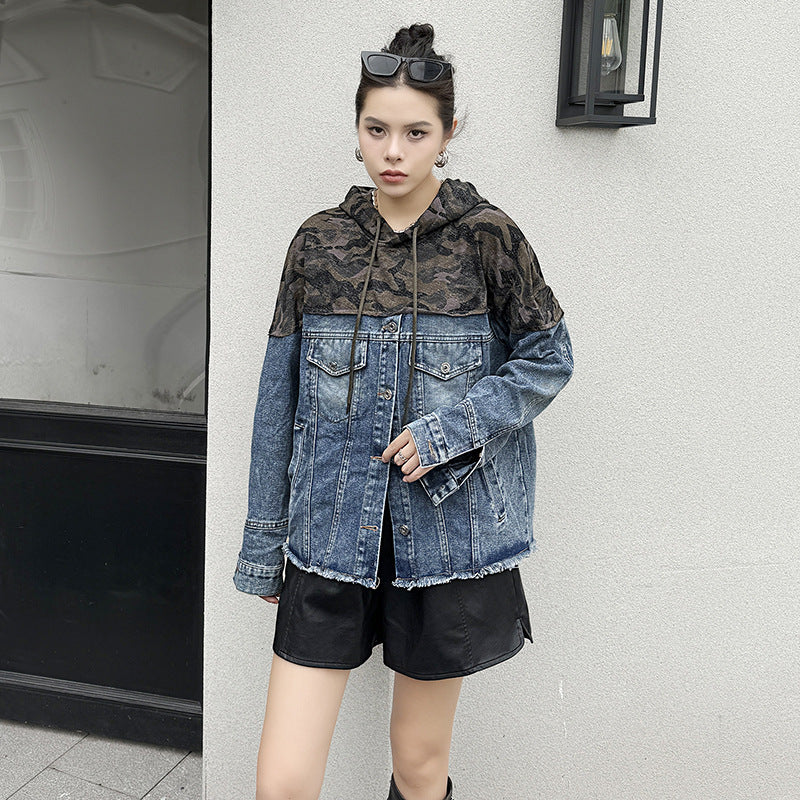 Wash denim patchwork comouflage hoodie jacket