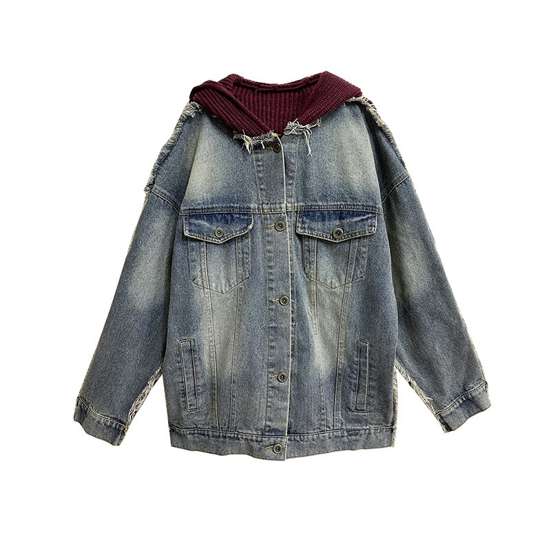 Wash denim patchwork hooded sweater jacket