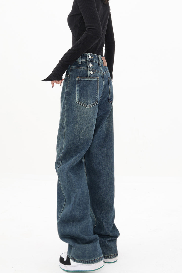 Back Button Straight Denim Jeans