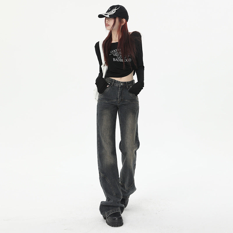 Design Switching Semi Flare Denim Jeans