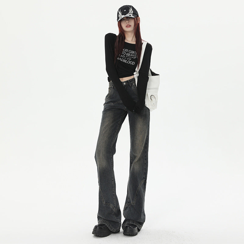 Design Switching Semi Flare Denim Jeans