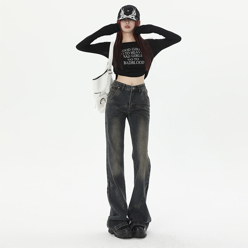 Design Switching Semi Flare Denim Jeans